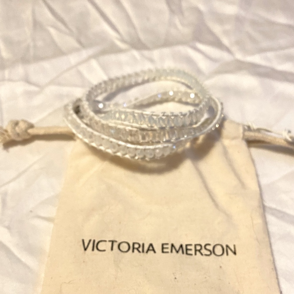 Victoria Emerson wrap bracelet. White leather with clear beads.